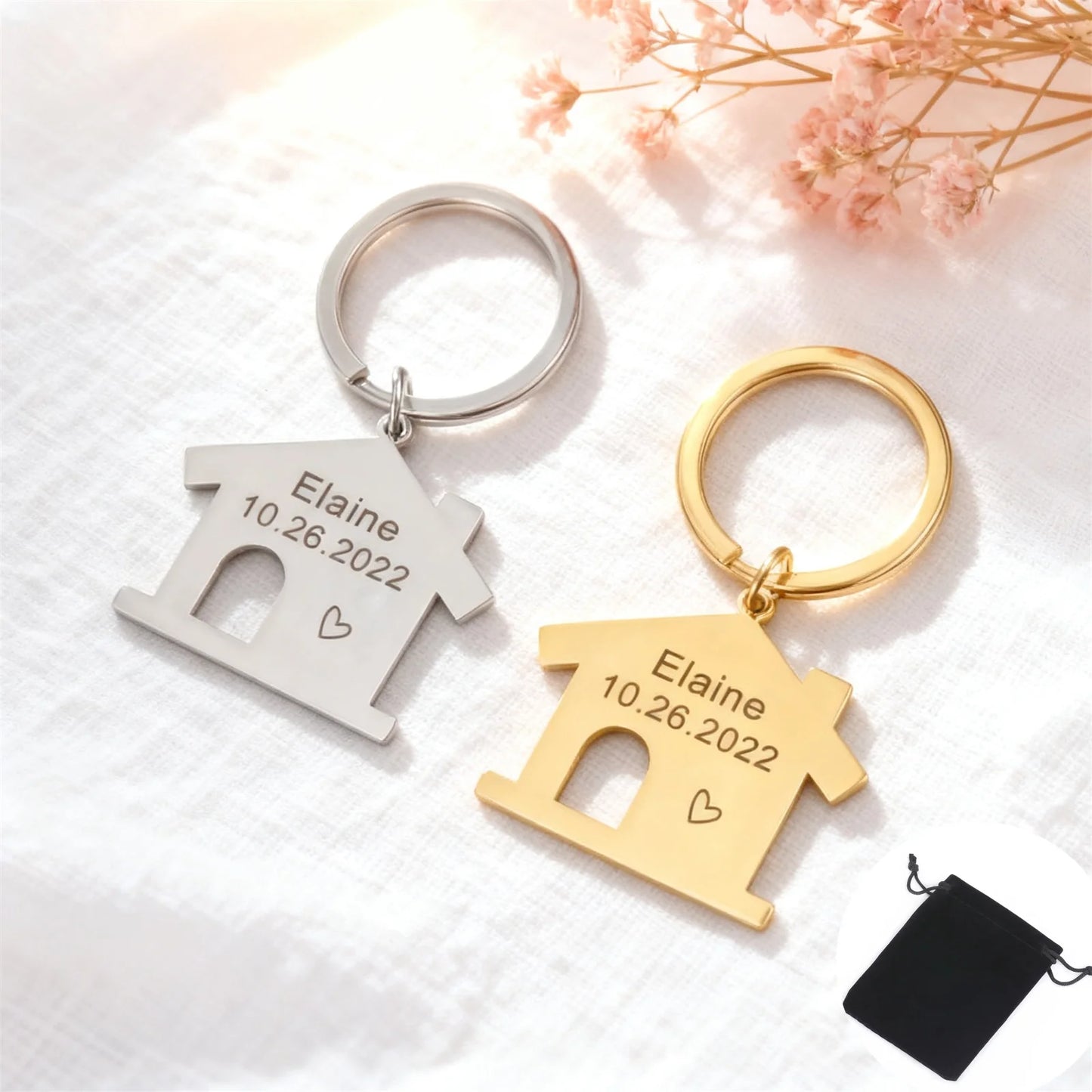 Customized Name Date House Keychain Stainless Steel Personalized Carving Surname Date Home Keychain Couple Family Gift