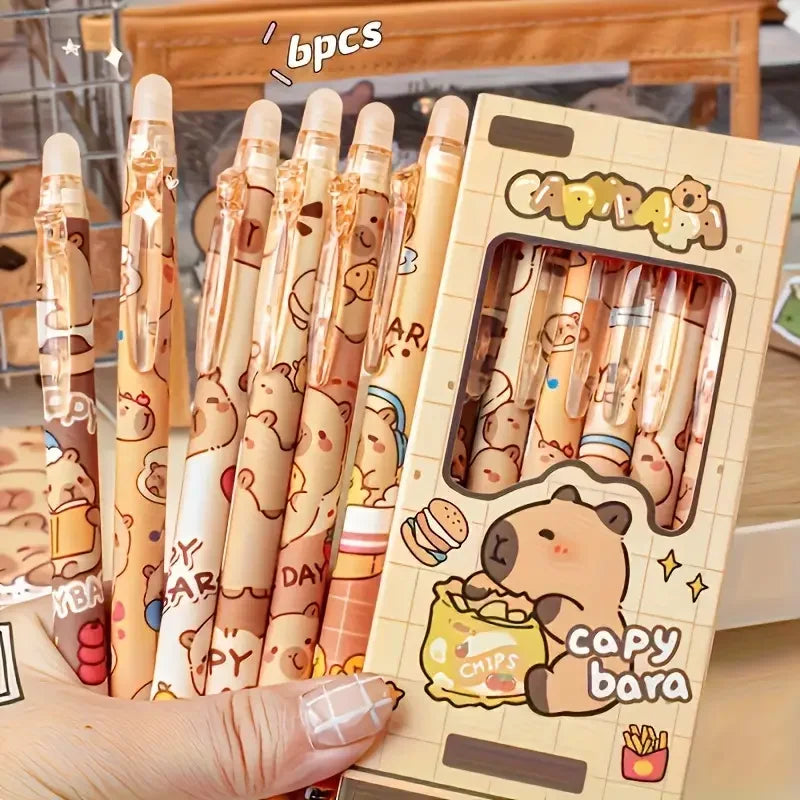 6 Cute Capybara Erasable Pens 0.5mm Fine Tip, Quick-Dry Ink, Retractable Rollerball w/ Eraser, Yellow-Brown, Office & School