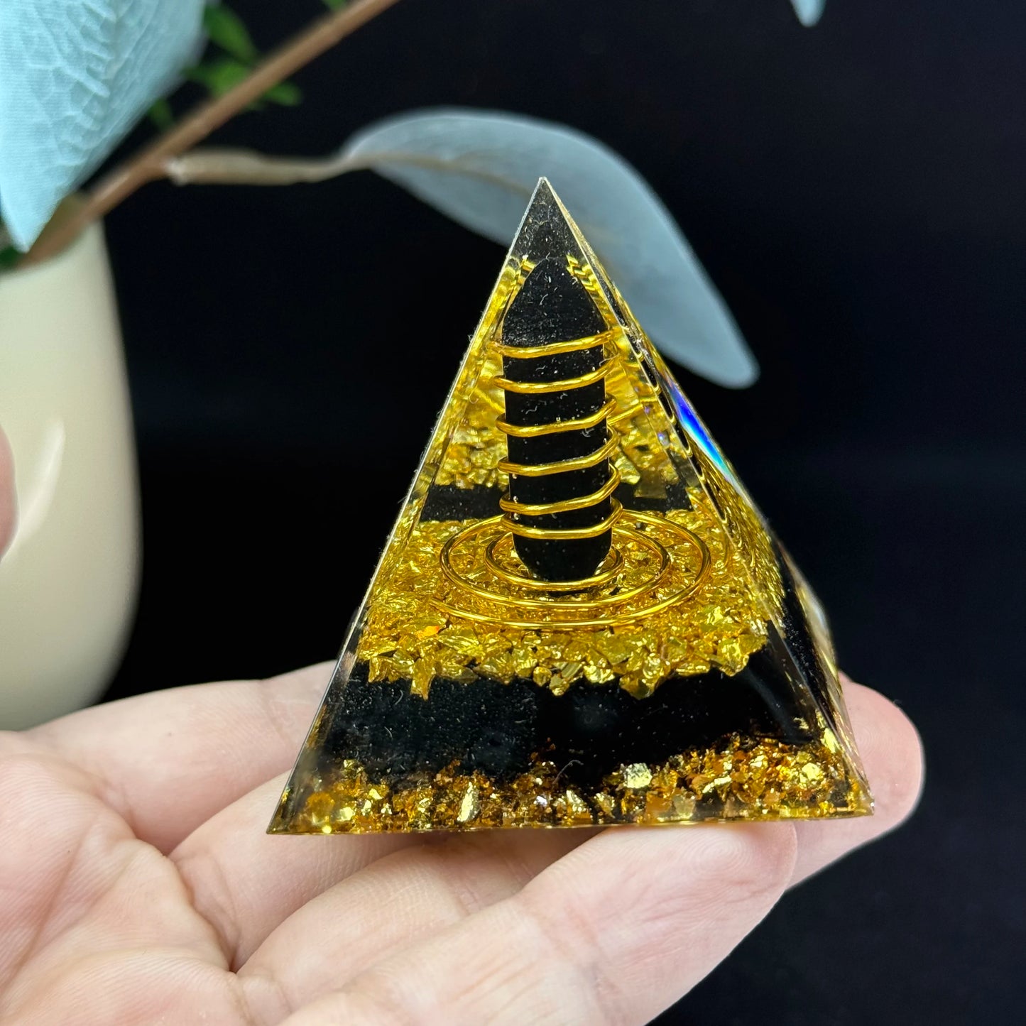 1pc Orgone Pyramid, The Obsidian Ogan Pyramid is handcrafted from resin, metal shavings and obsidian, Home Desktop Ornaments