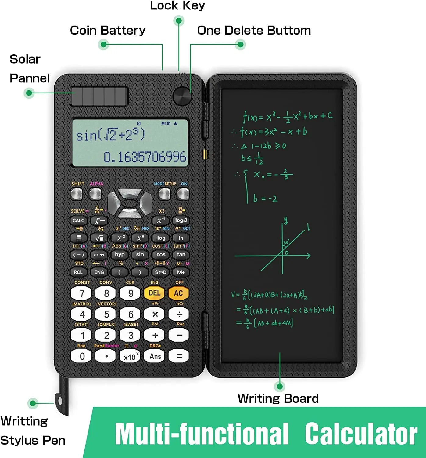 Solar Scientific Calculator - 417 Functions LCD Notepad - Professional Foldable Calculator for Students