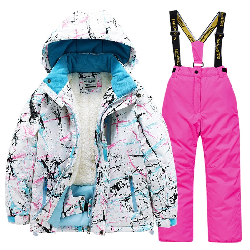 Children's skiing suit for boys and girls, thick, warm, waterproof, windproof outdoor skiing clothes and pants, all equipped