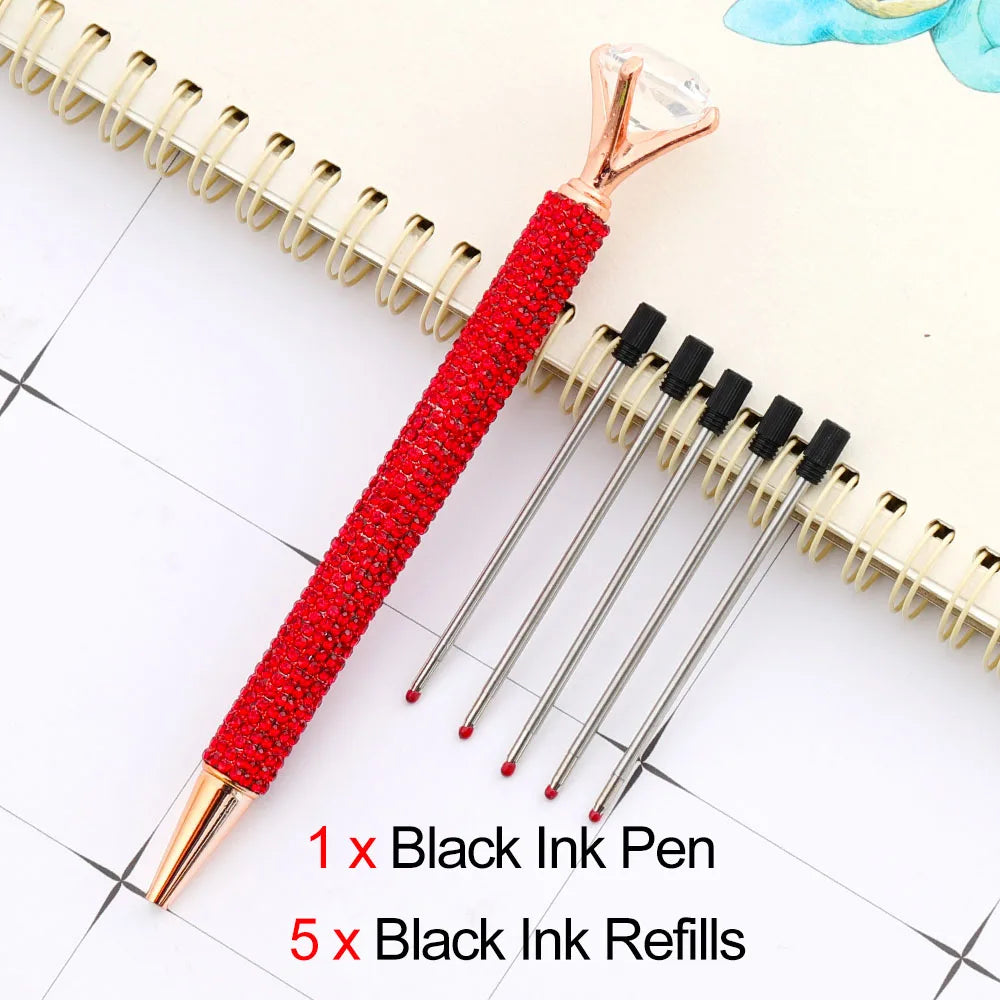 Lytwtw's Luxury Gold Ballpoint Pen Big Diamond Wedding Rose,Metal Stationery School Supplies  1 PCS Pen +5 PCS Refills