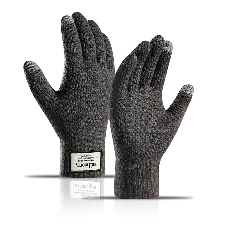 GTUBIKE Knit Thermal Men's Gloves Plus-Size Fleece Autumn Winter Soft Thick Elastic Jacquard Wool Touch Screen Warm Gloves