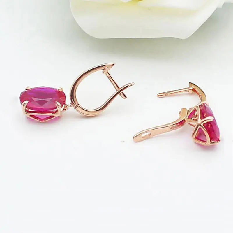 585 purple gold plated 14k rose gold inlaid oval pink gemstone earrings for women light luxury charm simple engagement jewelry