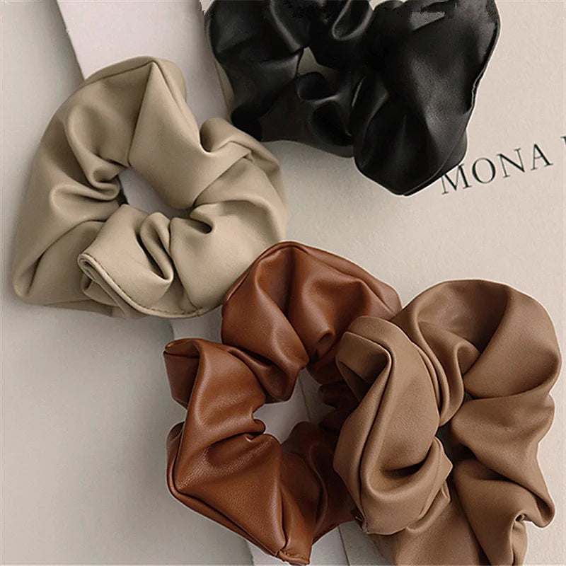 Solid color PU Leather Large Intestine Hair Rope for Woman elegant Does Not Hurt The Hair Hair Ties Fashion Girl High Ponytail S