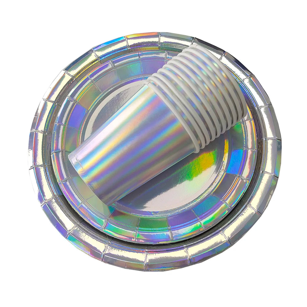 Laser Disposable Tableware Sets Silver Party Paper Cups Paper Plates Straw Party Tableware Wedding Decor Birthday Party Supplies