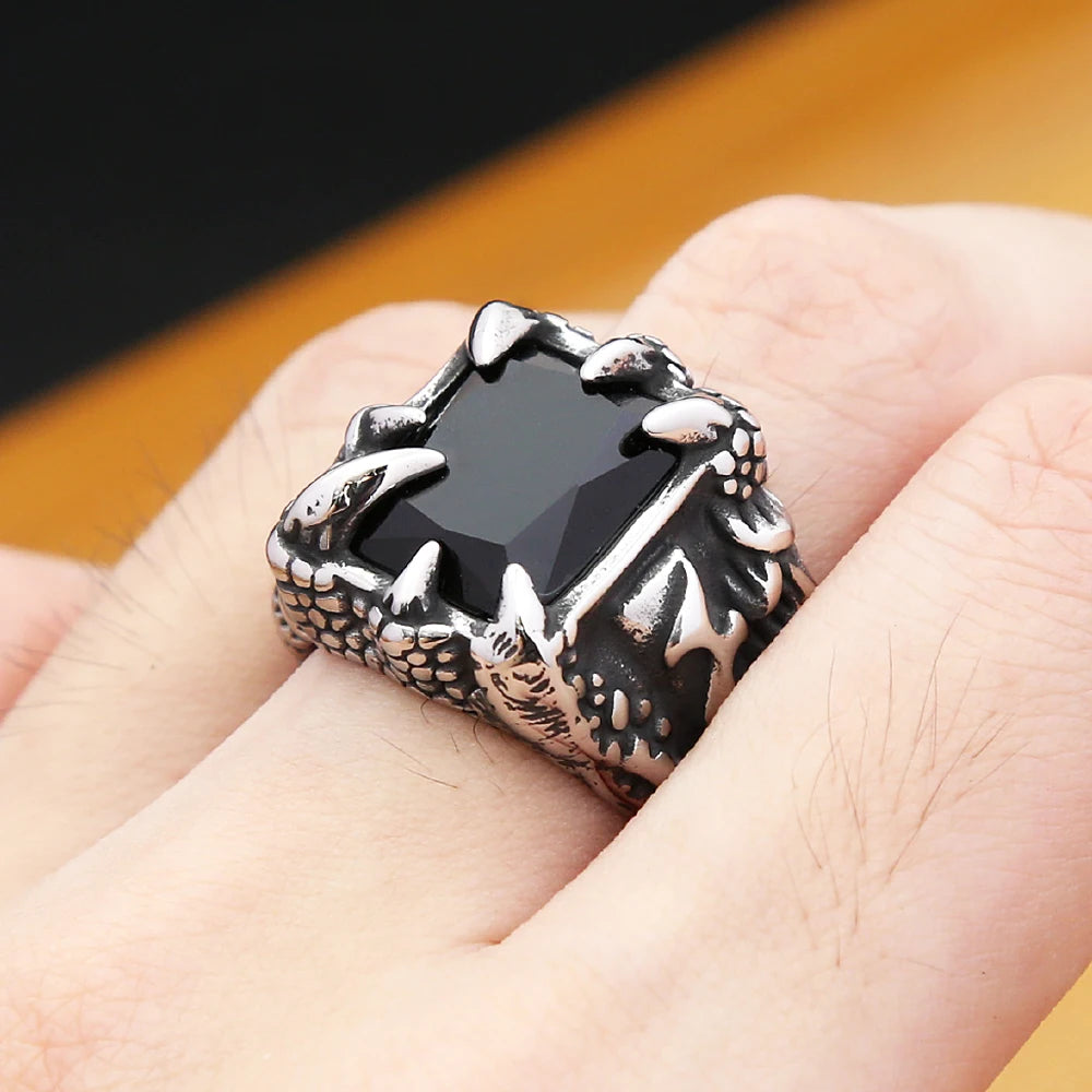 Gothic Dragon Claw Ring - Vintage Stainless Steel Black Stone Statement Ring