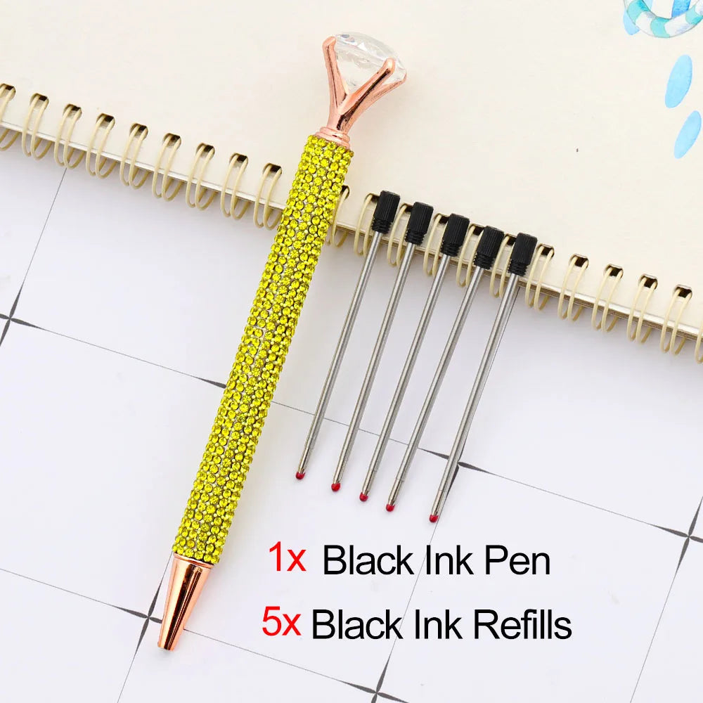 Lytwtw's Luxury Gold Ballpoint Pen Big Diamond Wedding Rose,Metal Stationery School Supplies  1 PCS Pen +5 PCS Refills