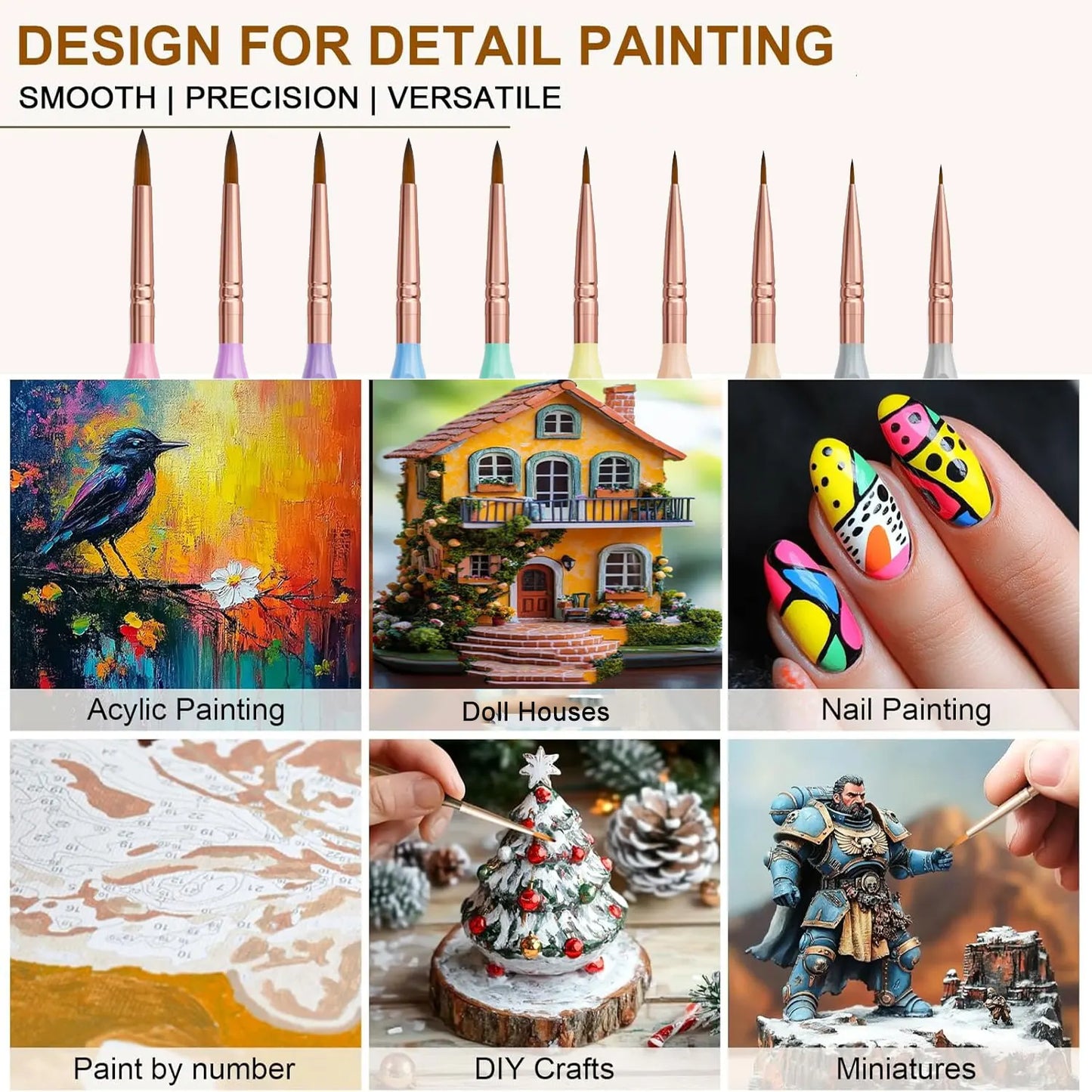 10Pcs Fine Detail Paint Brush Miniature Painting Brushes for Mini Paints Brush Set for Acrylic, Watercolor, Oil, Face, Nail