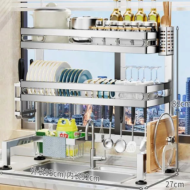 Stainless Steel Kitchen Sink Organizer Rack - Over Sink Dish Drying Rack with Cutlery Holder