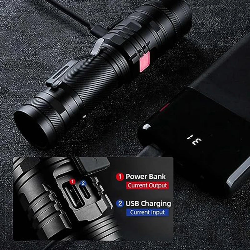 Premium 36W High Power LED Flashlight - Waterproof Tactical Torch with USB-C