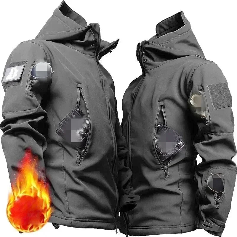 5XL 6XL Tactical Soft Shell Hooded Fleece Men Winter Windproof Waterproof Warm Coats Outdoor Multi-pocket Jacket