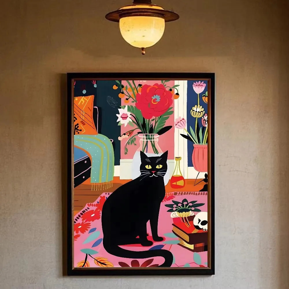 Funny Black Cat Reading Newspapers on The Toilet Canvas Print Green Pink  Animal Wall Art Poster for Modern Bathroom Home Decor