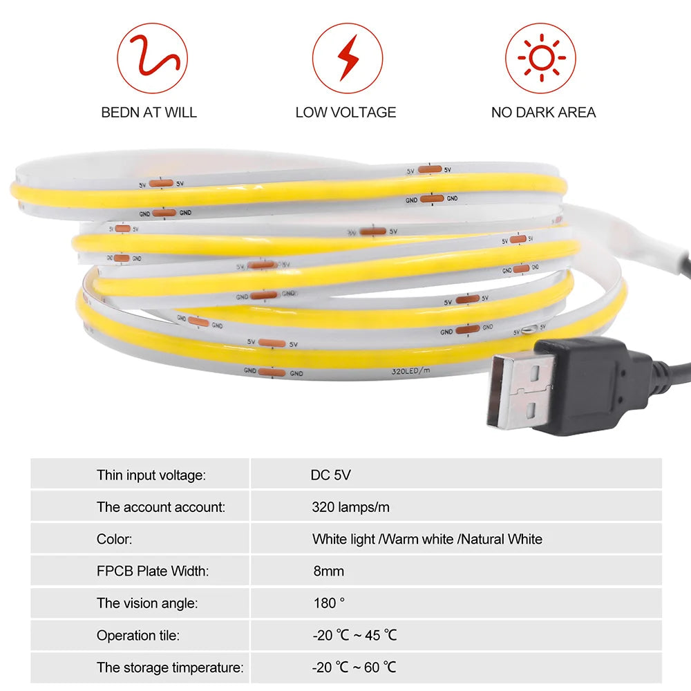 Premium 5V USB COB LED Strip Light - 320LEDs/m Flexible Ribbon Tape