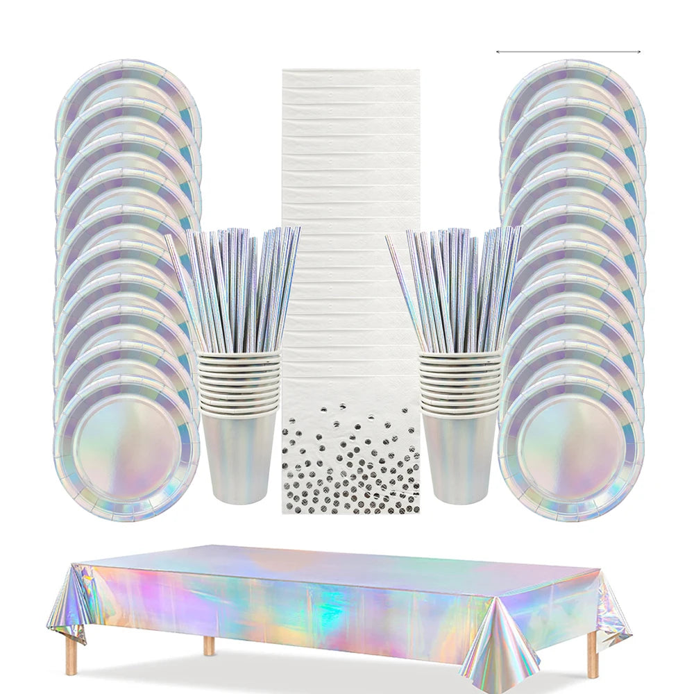 Laser Disposable Tableware Sets Silver Party Paper Cups Paper Plates Straw Party Tableware Wedding Decor Birthday Party Supplies