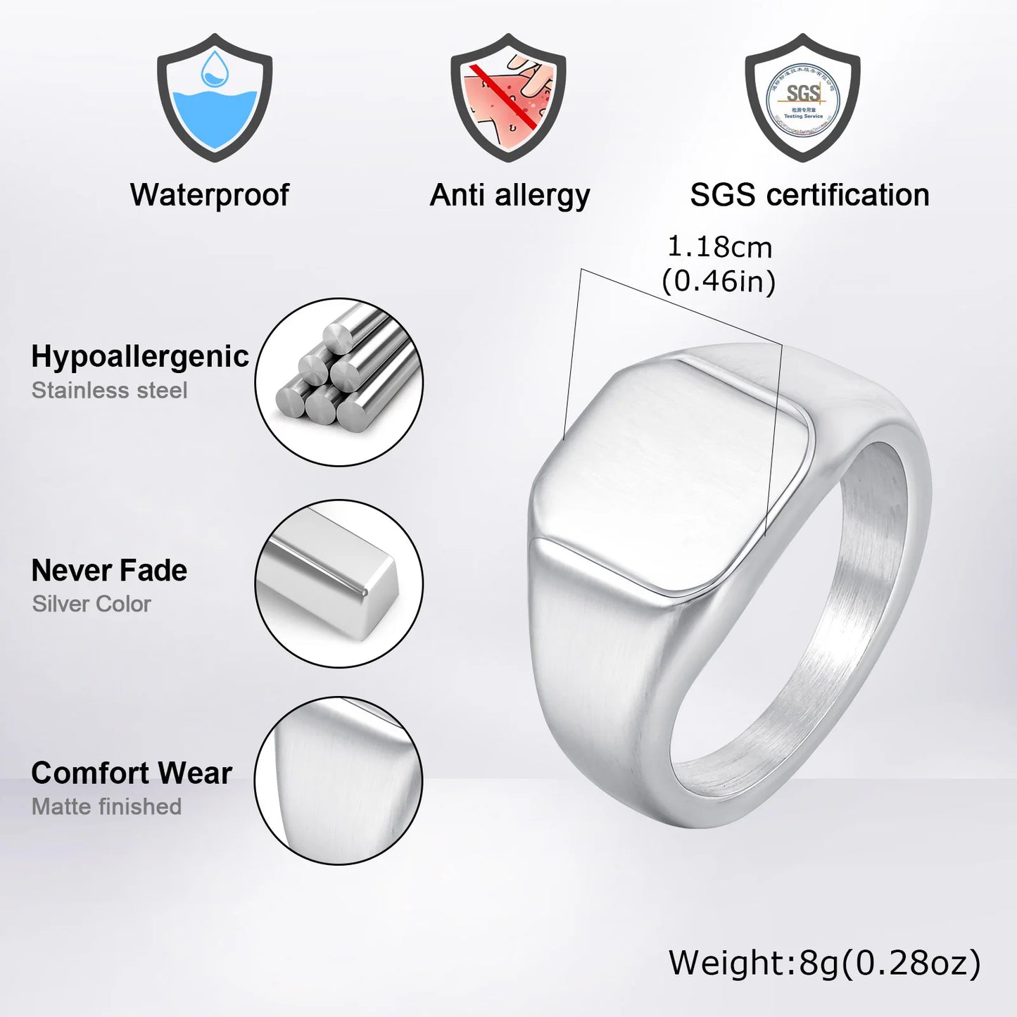 Silver Color Square Signet Ring for Men Women,Brushed Stainless Steel Ring Band Ring,Basic Chunky Ring Thumb Ring