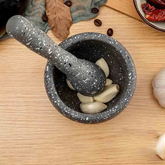 Manual Garlic Press Mortar and Pestle - Stone Grinding Bowl with Wooden Pestle
