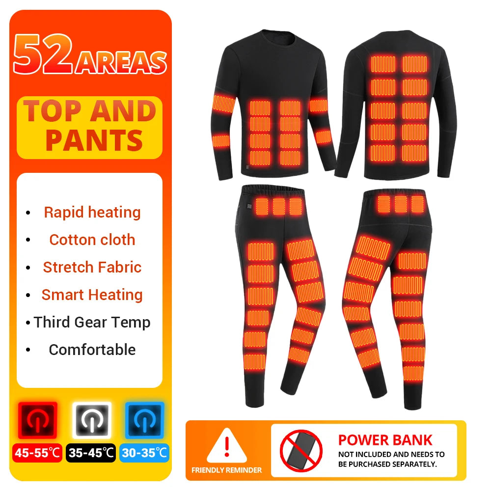 Winter Heated Thermal Underwear Skiwear Heated Jacket Fleece Warm Top Pants USB Electric Heating Clothing