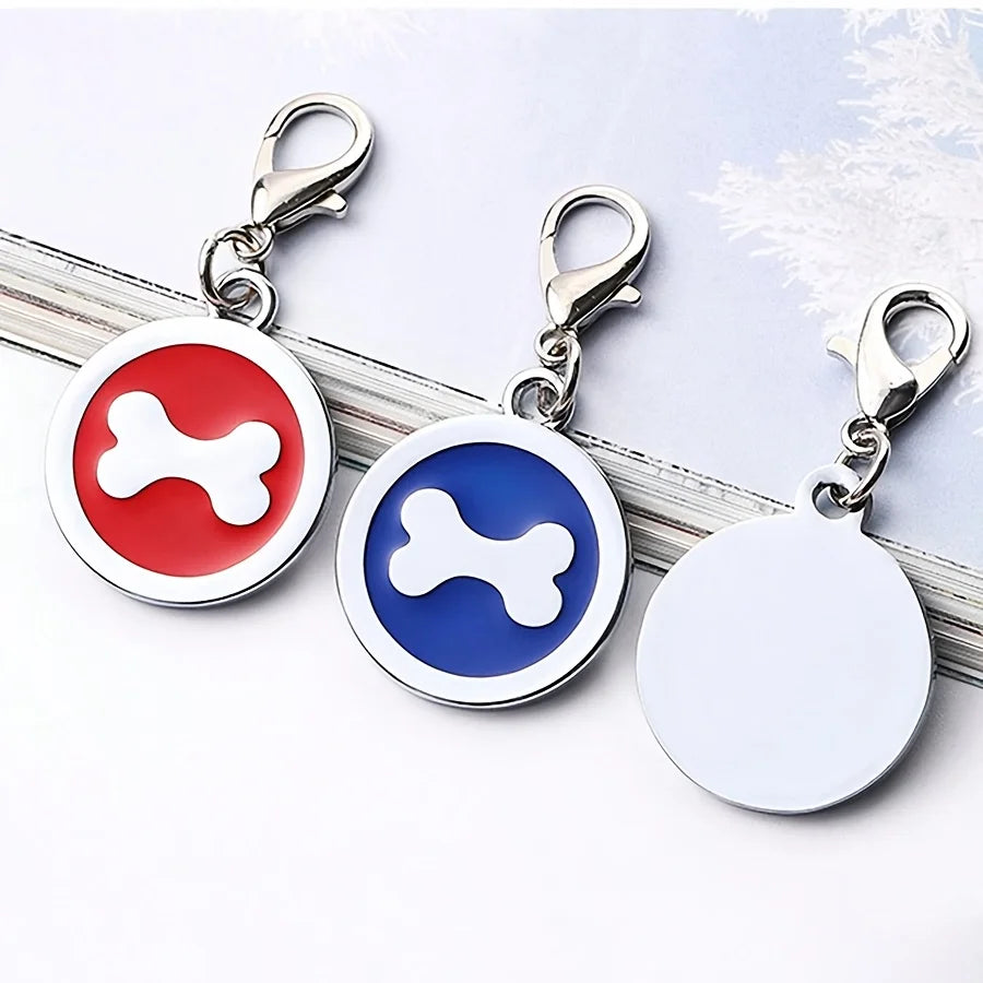 1pc Pink Personalized Customized Dog Bones Silver Round Shaped Pet ID Tag, Back Can Be Engraved With Pet Name