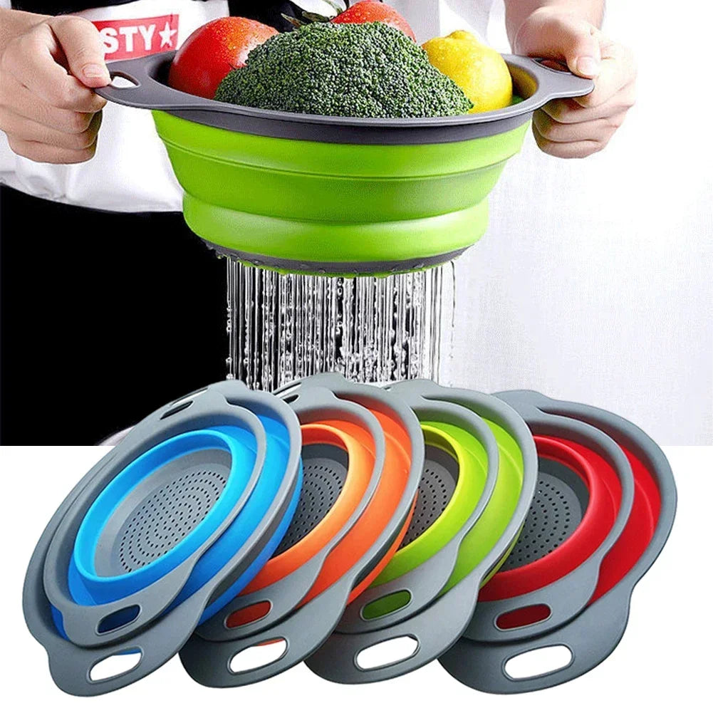 Collapsible Silicone Strainer Basket - Foldable Kitchen Colander for Fruits & Vegetables