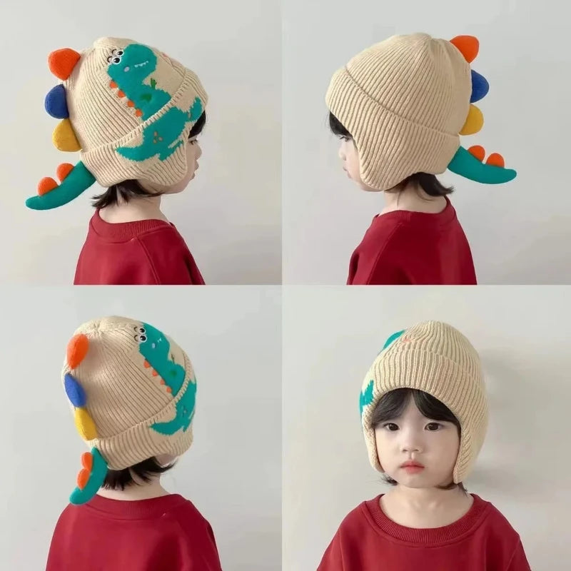 Winter Kid Warm Hat Windproof Thickened Knitted Ear Protection Hooded Hat Outdoor Coldproof Thermal Dinosaur Earmuffs Cap