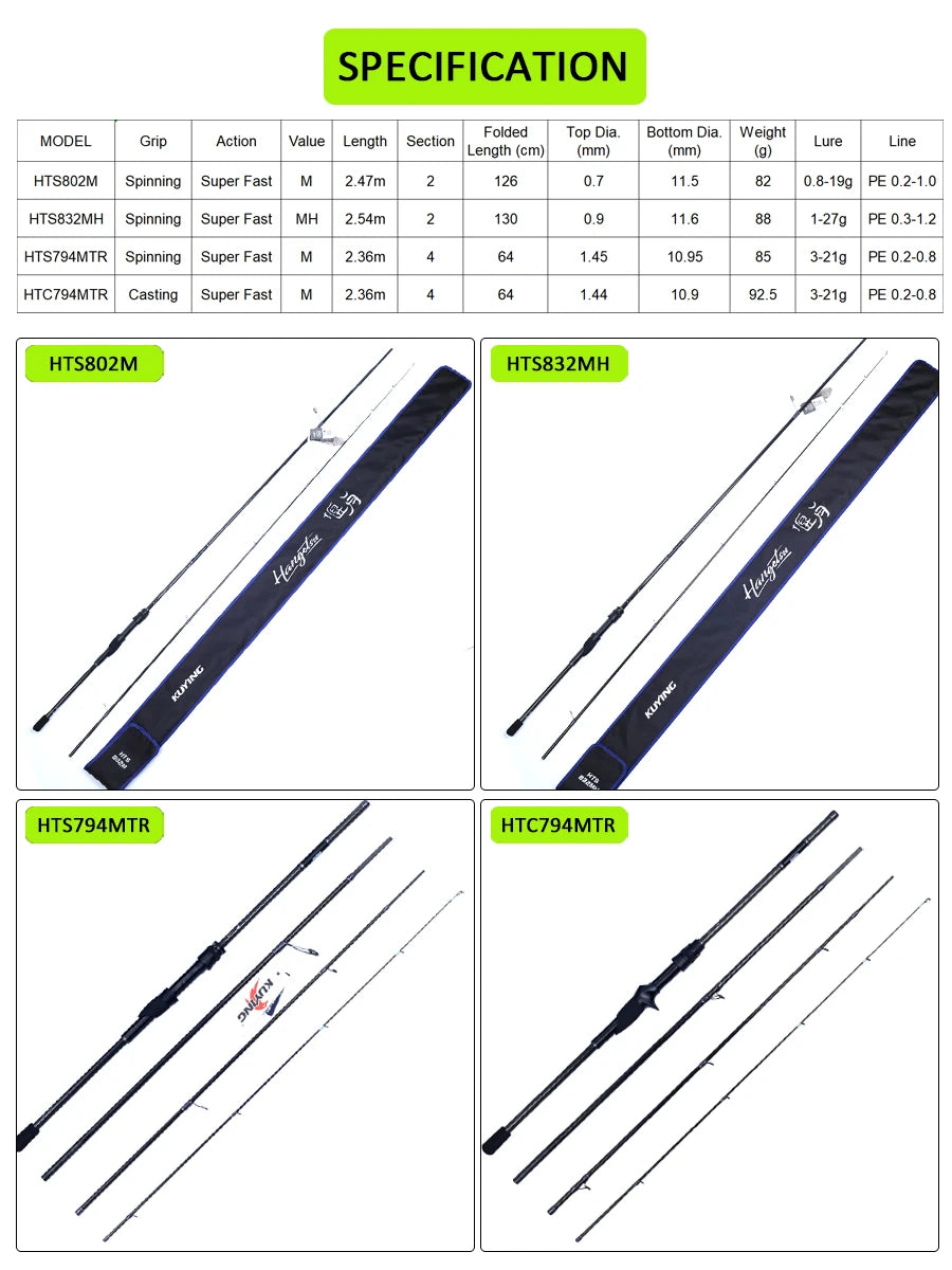 KUYING HANGETSU Travel Rock Fishing Rod | 236cm 247cm 254cm Carbon Spinning Casting Pole | FUJI SIC Guides Sensitive Super Fast