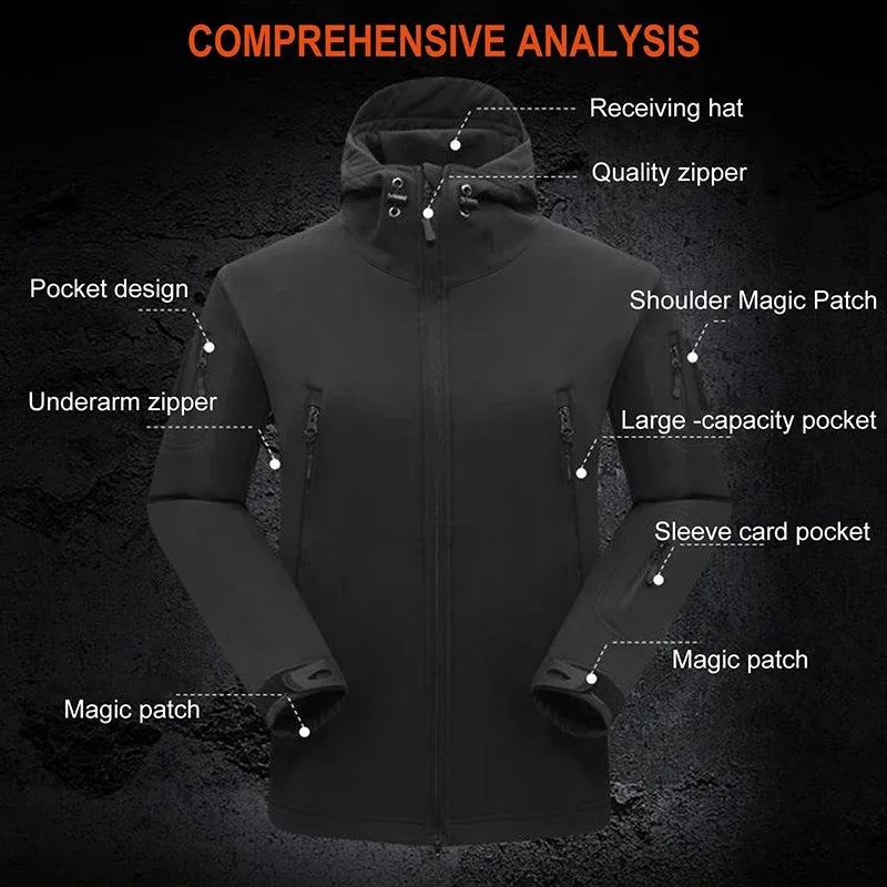 5XL 6XL Tactical Soft Shell Hooded Fleece Men Winter Windproof Waterproof Warm Coats Outdoor Multi-pocket Jacket