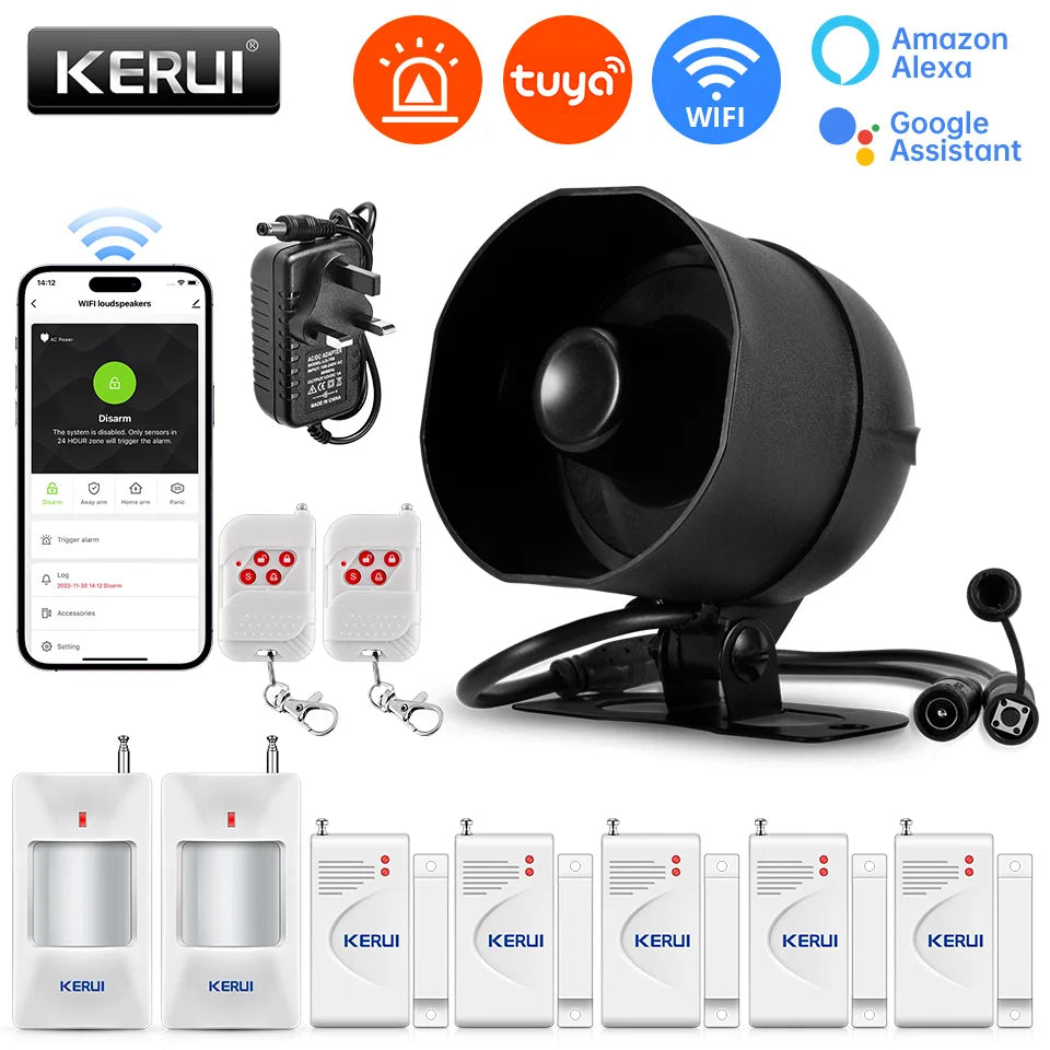 KERUI 120db Siren Alarm System WiFi Tuya Smart Speaker Alarm Kit with Motion Sensor Door Sensor for Home Security Protection