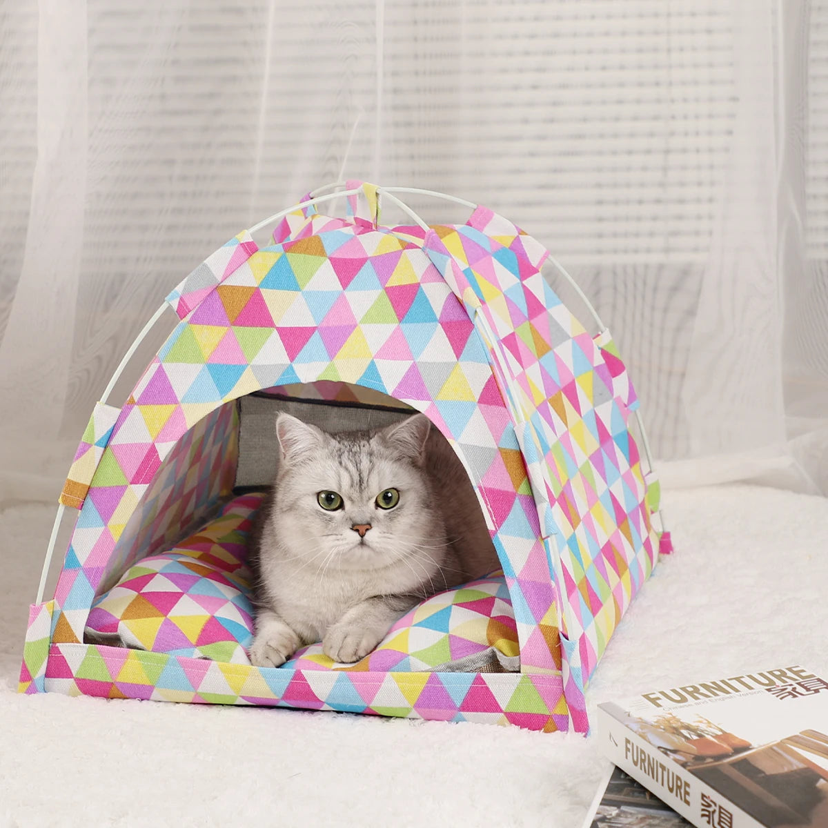 Premium Pet Tent Bed - Warm Clamshell Cat House with Cushion