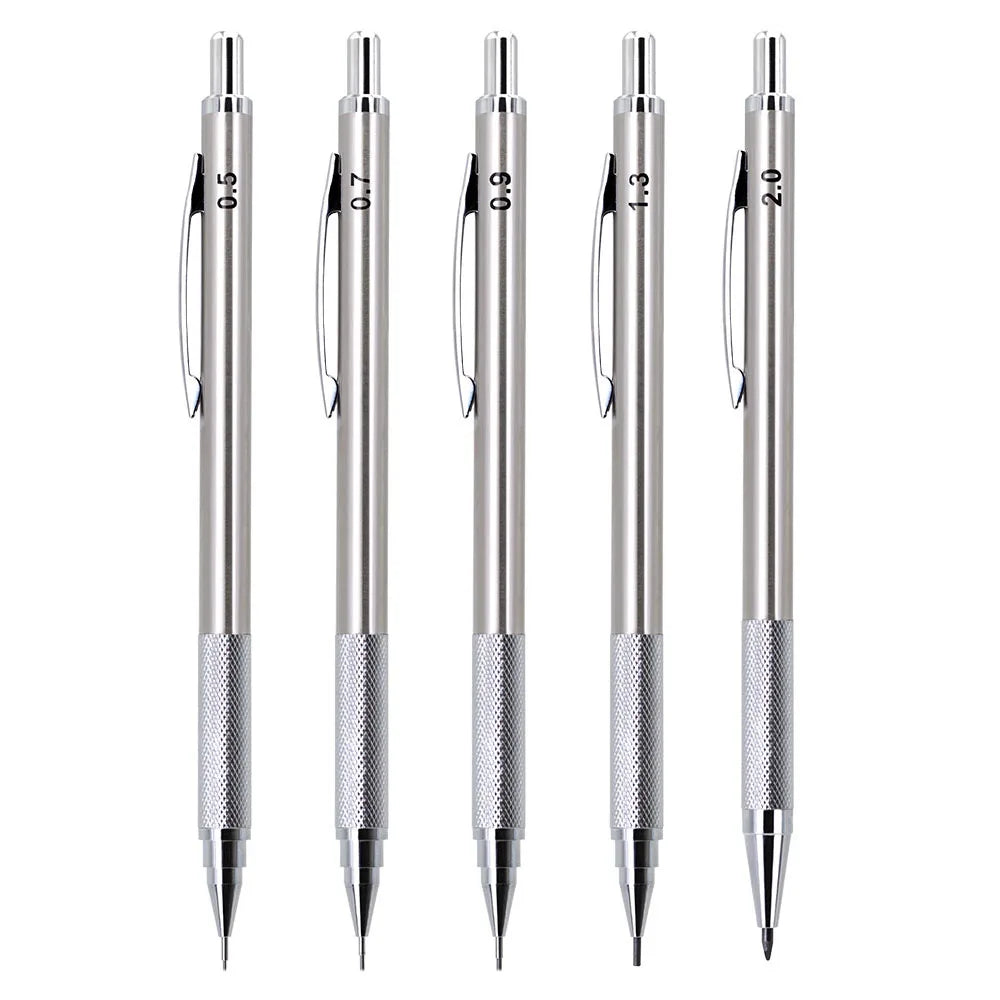 0.5 0.7 0.9 1.3 2.0mm Metal Anti Slip Automatic Pencil Set with HB Lead School Office Writing Stationery Supplies Smooth Writing