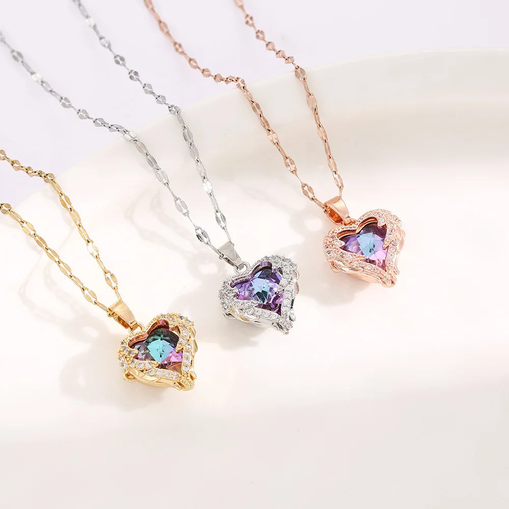 Top Luxury Colorful Crystal Ocean Heart Pendant Necklace For Women Trendy 316L Stainless Steel Jewelry Female Wedding Neck Chain