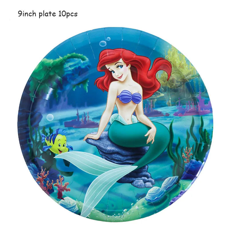 Disney Little Mermaid Theme Girl Kids First Birthday Party Decoration Disposable Tableware Plate Napkins Banner Ariel Backdrops