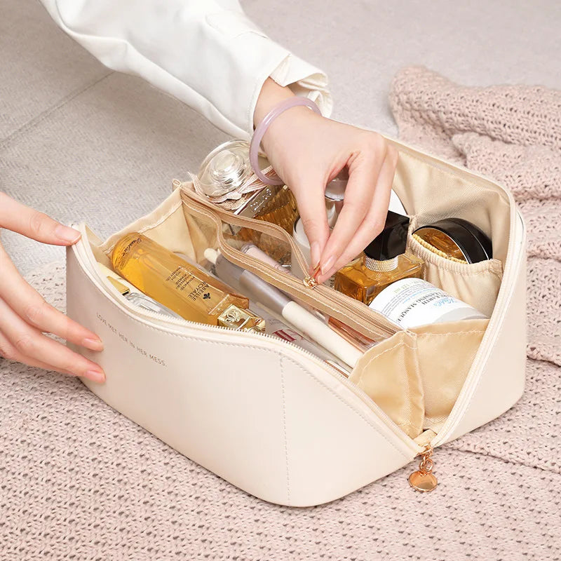 Premium Large Capacity PU Leather Cosmetic Bag - Travel Toiletry Organizer