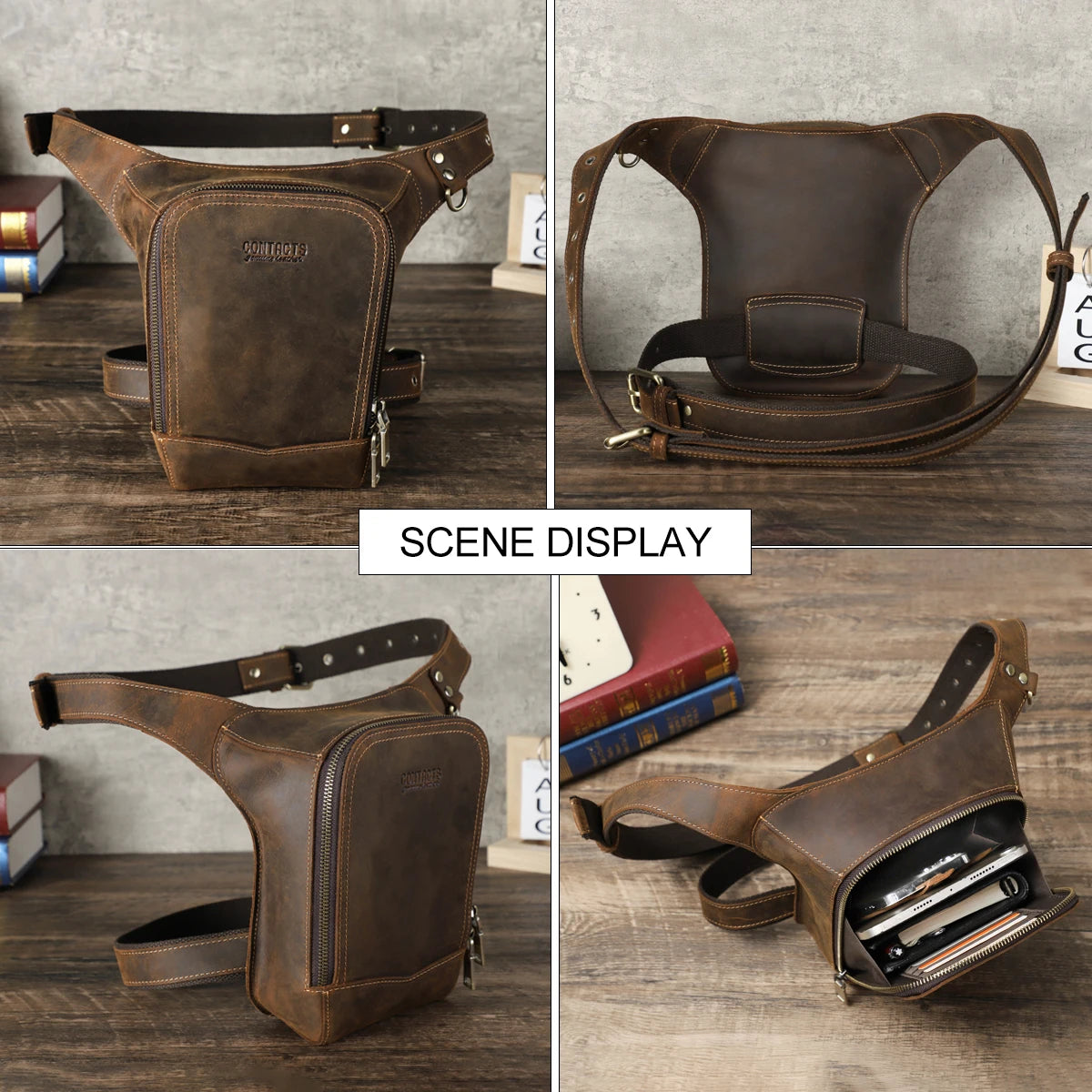 Premium Genuine Leather Motorcycle Leg Bag - Men's Tactical Waist Pack