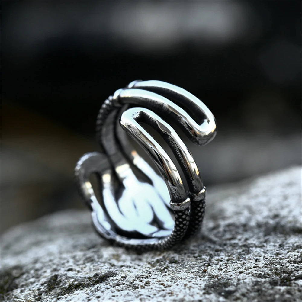 Punk Norse Mythology Jormungand Snake Ring Men Women Opening Stainless Steel Ouroboros Viking Male Retro Icelandic Jewelry Gifts