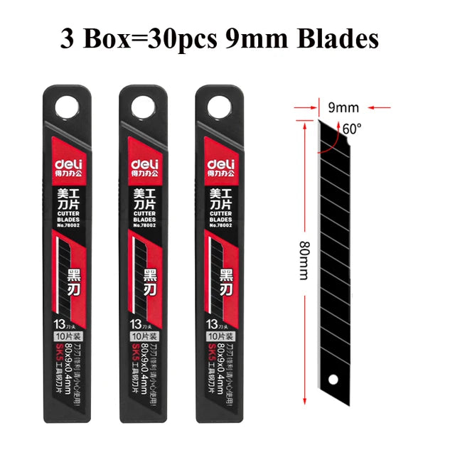 Deli Retractable Box Cutter 9mm 30 Degree Blade Utility Knife Carbon Steel Self-Locking Design Cutting Tools Wallpaper Carton