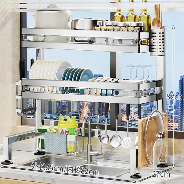 Stainless Steel Kitchen Sink Organizer Rack - Over Sink Dish Drying Rack with Cutlery Holder