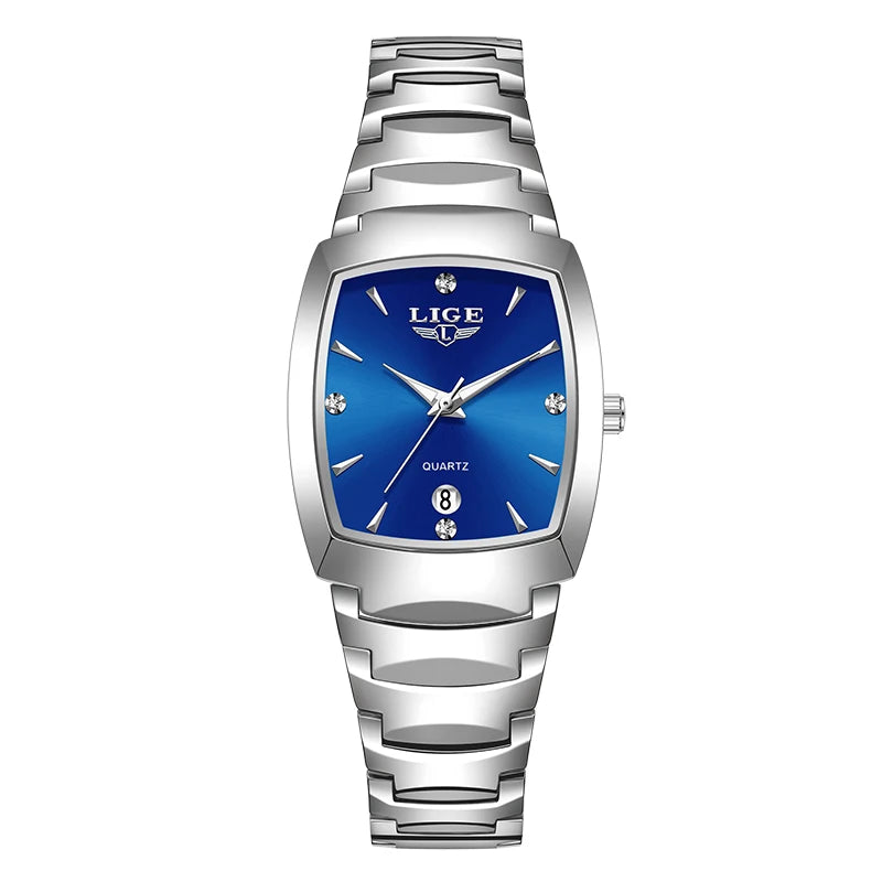 LIGE Women's Fashion Square Watches Gold Alloy Strap Luxury Ladies Quartz Wristwatches Female Diamond Scale Clock+Gift Box
