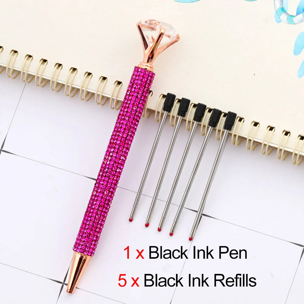 Lytwtw's Luxury Gold Ballpoint Pen Big Diamond Wedding Rose,Metal Stationery School Supplies  1 PCS Pen +5 PCS Refills