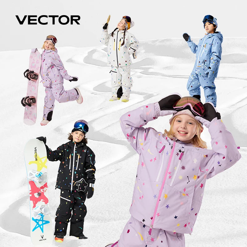 VECTOR Boys Girls Children's Skiing with Fleece Jacket Ski Pants Waterproof Splash Proof Breathable Double Board Skiing