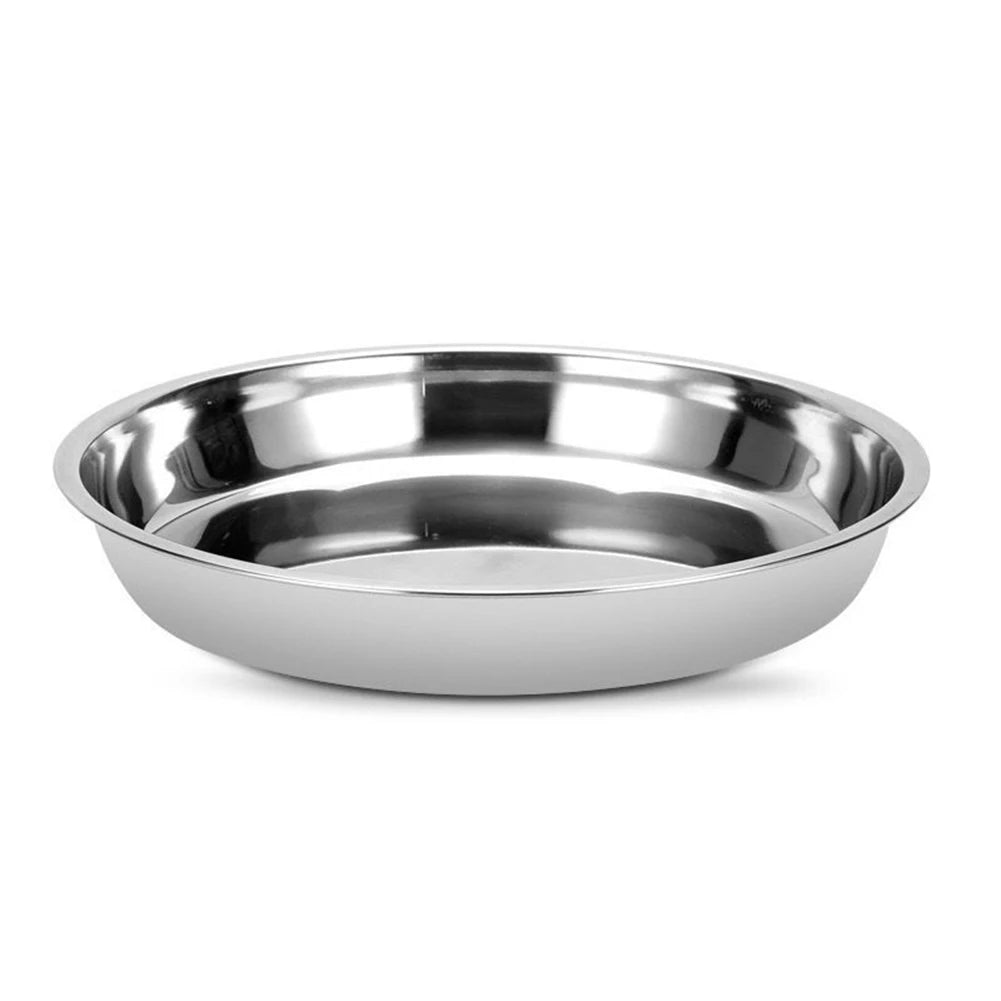 Stainless Steel Round Tray Metal Dining Disc Cake Tray Flat Bottom Plate BBQ Plate Fruit Meat Serving Dishes Kitchen Tableware ﻿