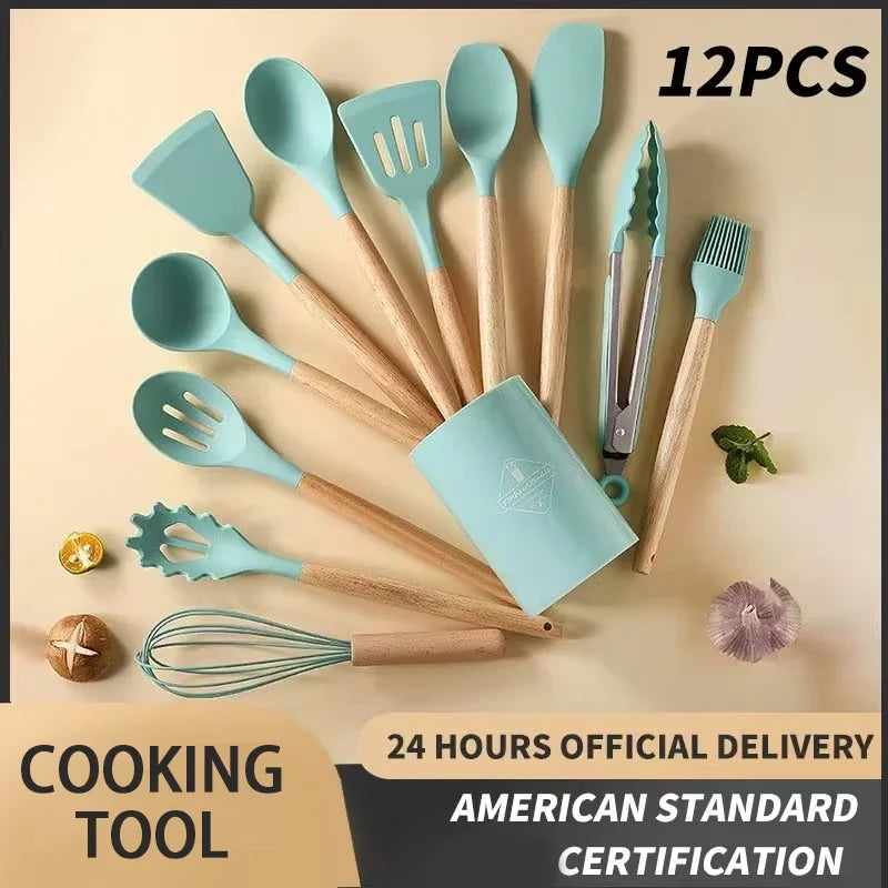 12-Piece Wooden Handle Silicone Kitchen Utensil Set - Non-Stick Cooking Tools