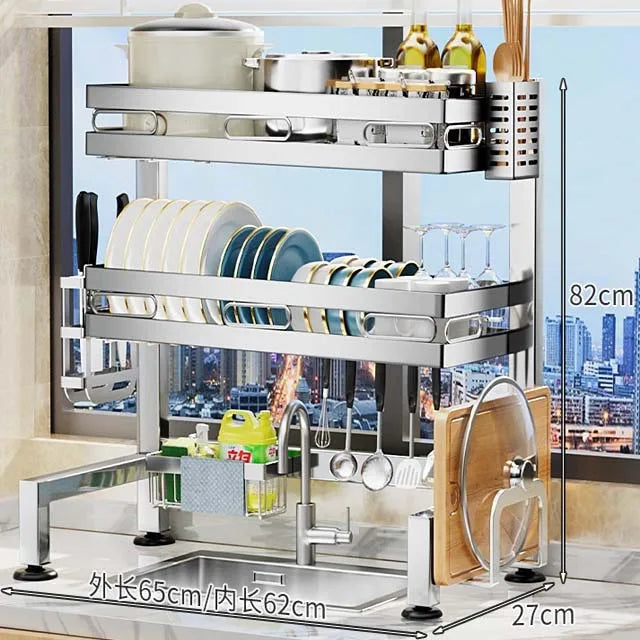 Stainless Steel Kitchen Sink Organizer Rack - Over Sink Dish Drying Rack with Cutlery Holder