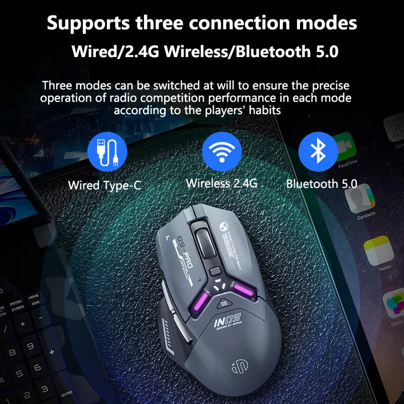 Inphic IN9 PRO PAW3395 RGB Gaming Mouse Rechargeable 26000DPI Support Wired/Bluetooth/2.4G Wireless Mouse