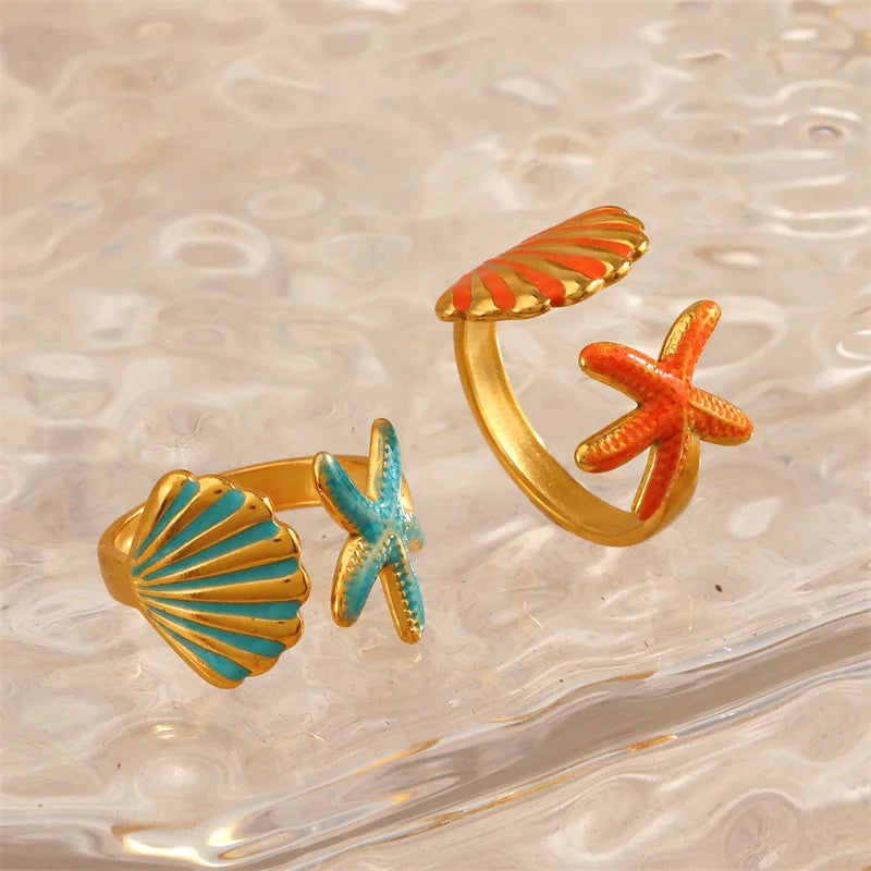EILIECK 316L Stainless Steel Enamel Starfish Shells Open Adjustable Ring for Women Waterproof Chic Beach Summer Ring Jewelry