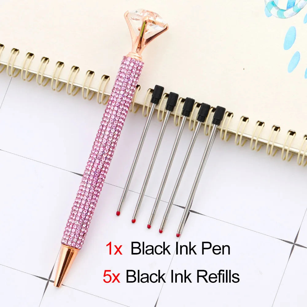 Lytwtw's Luxury Gold Ballpoint Pen Big Diamond Wedding Rose,Metal Stationery School Supplies  1 PCS Pen +5 PCS Refills