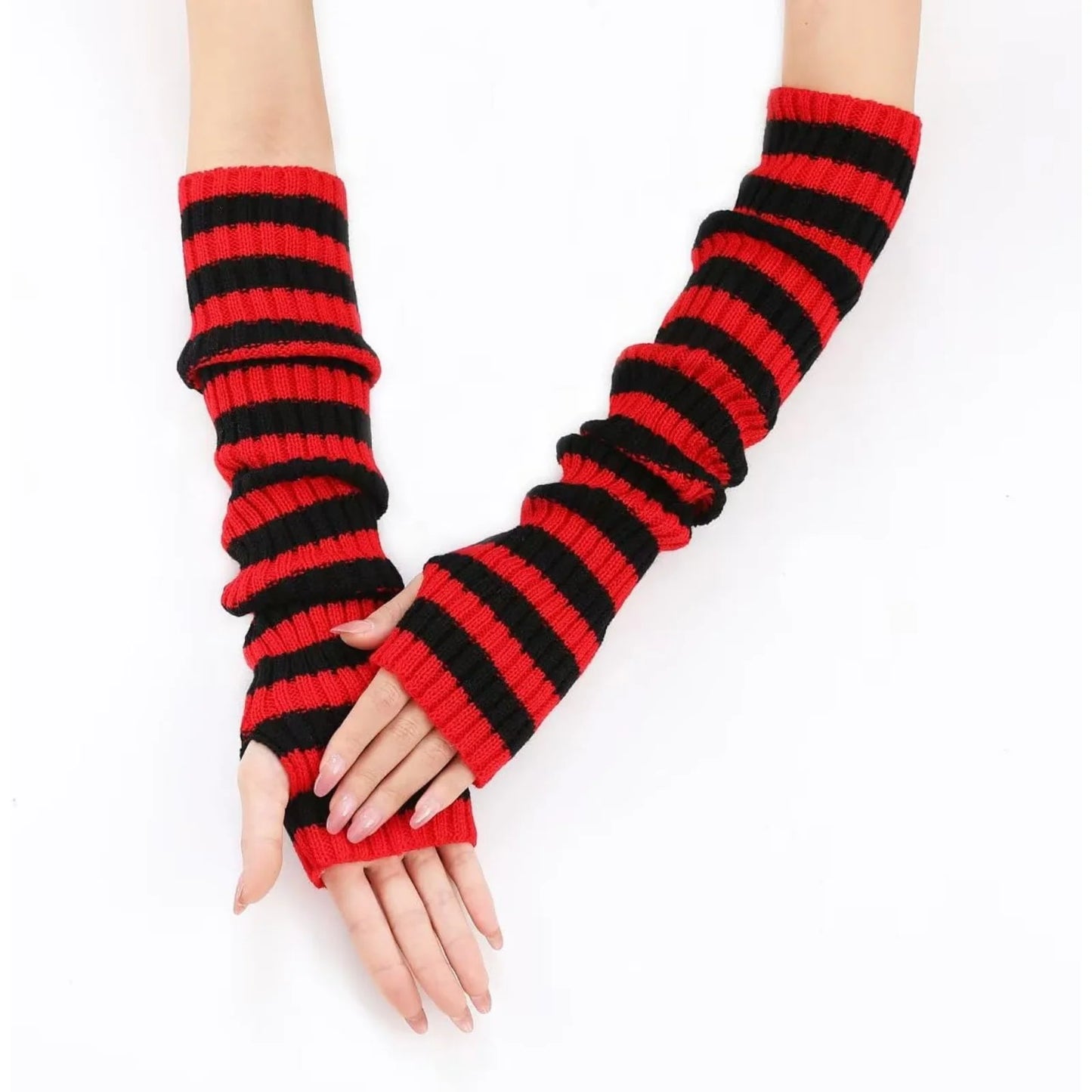A Pair OfAutumn Winter Striped Knitted Fingerless Gloves For Women-Long Arm Warmers, Fashion Grunge Style Cold Weather Accessory