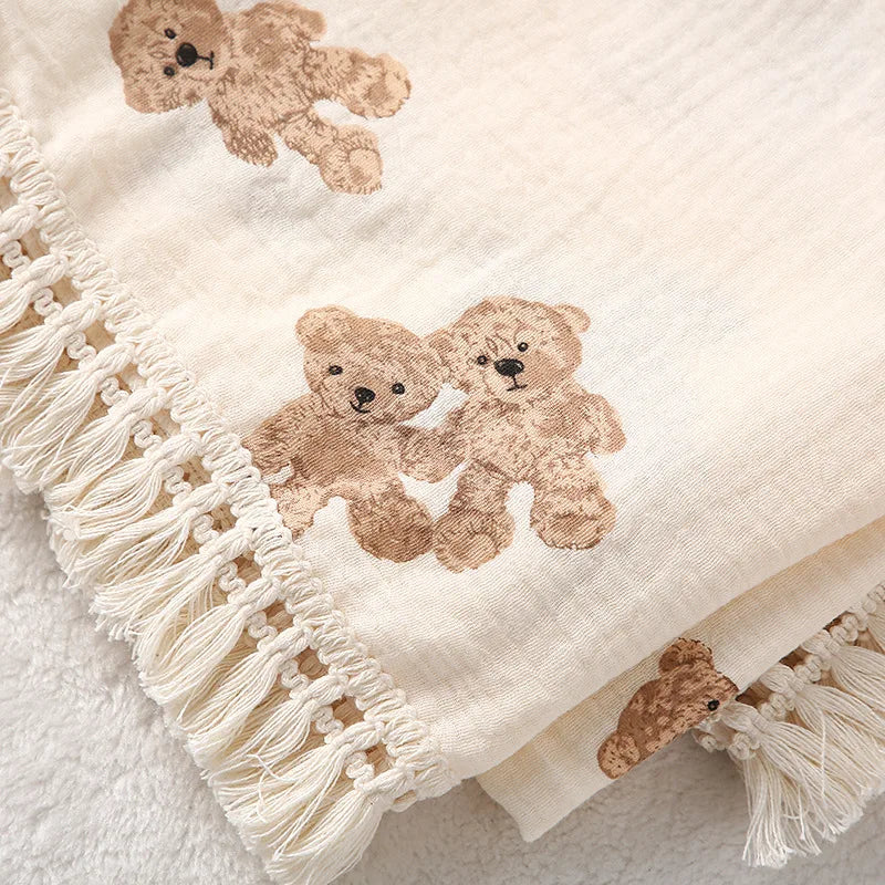 Premium Cotton Muslin Baby Blanket - Cute Bear Swaddle for Newborns