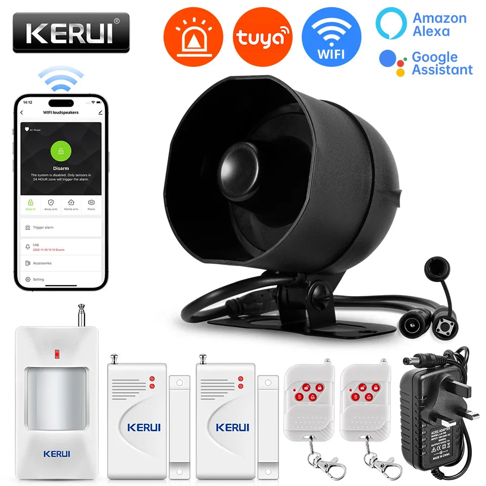 KERUI 120db Siren Alarm System WiFi Tuya Smart Speaker Alarm Kit with Motion Sensor Door Sensor for Home Security Protection