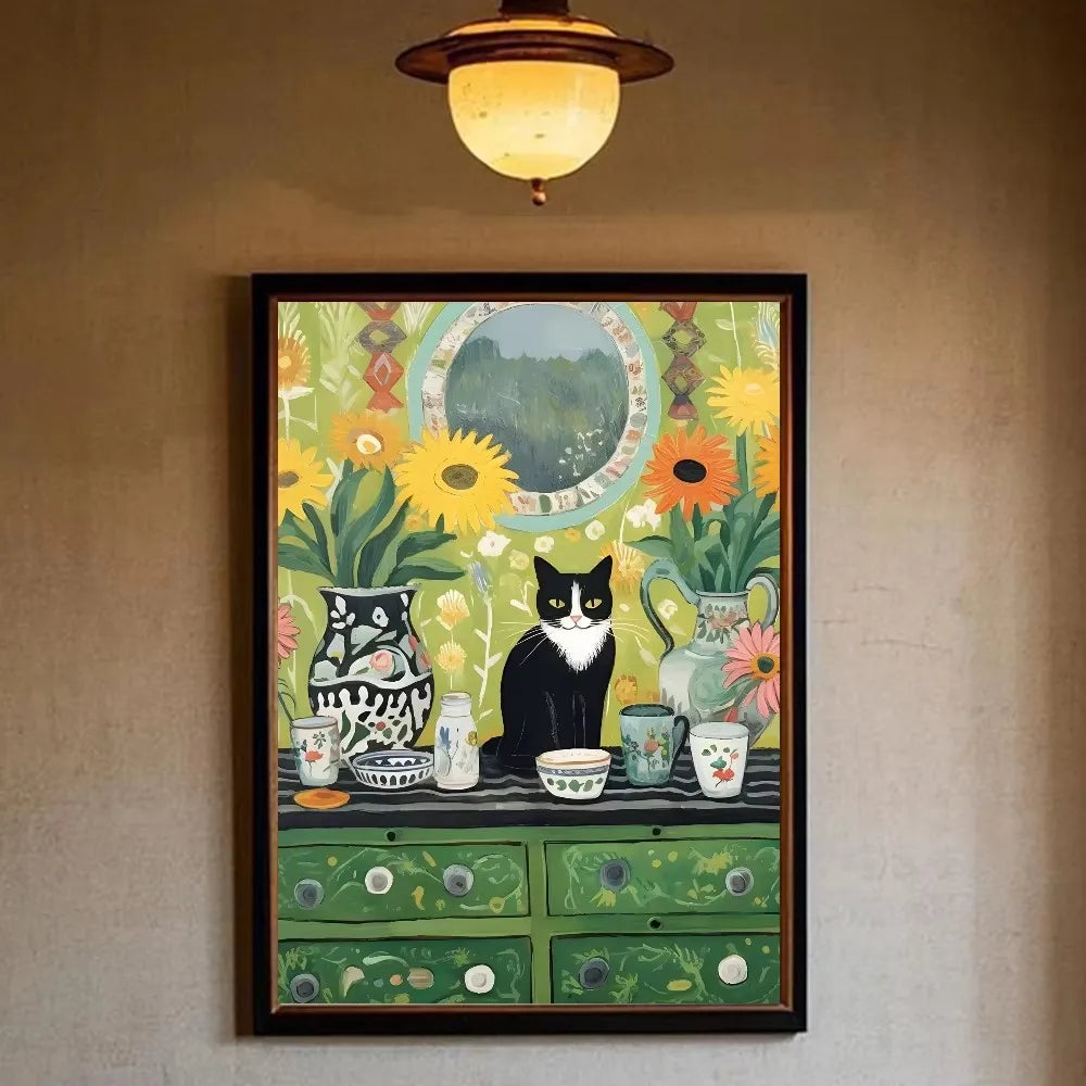 Funny Black Cat Reading Newspapers on The Toilet Canvas Print Green Pink  Animal Wall Art Poster for Modern Bathroom Home Decor